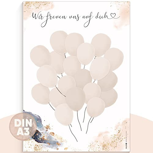 OLGS Gästebild Luftballons DIN A3 für Babyparty Taufe Kindergeburtstag | Gästebuch Alternative Babyshower Deko | Gender Reveal Party Poster für Junge und Mädchen | Baby Wandbild Taufgeschenk (Splash)