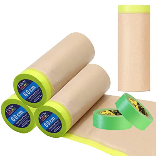 Wonninek Lot de 4 rouleaux de papier de masquage pour peinture, déplier 60 cm x 15 m, ruban adhésif et drapé, papier de protection imperméable pour voiture, meubles et sol