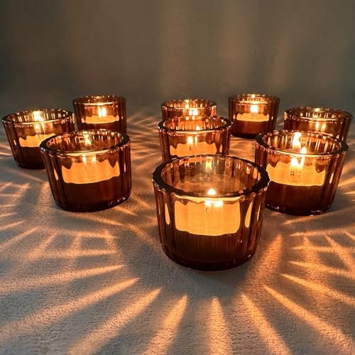 EXLECO 24er Braune Teelichthalter Glas Vintage Glaskerzenhalter Teelichtgläser 5 x 3,9cm Votivkerzenhalter Kerzengläser Windlicht Glas für Weihnachten Kerzen Deko Tischdeko Hochzeit Wohnzimmer