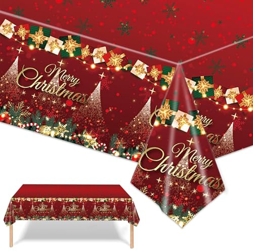Mienocol Lot de 2 grandes nappes de Noël jetables rectangulaires en plastique pour fête de Noël, vacances d'hiver, décorations de table de Noël - Rouge brillant - 137 x 274 cm