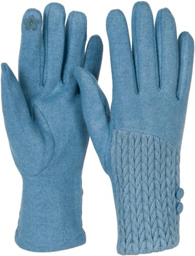 styleBREAKER Damen Touchscreen Handschuhe Einfarbig mit Zopfmuster und Knöpfen, warme Fingerhandschuhe, Winter 09010041, Farbe:Hellblau