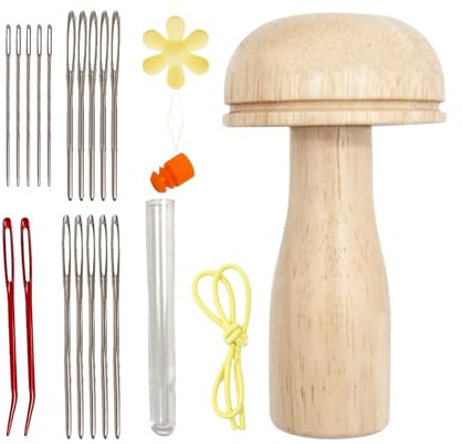 Zasrtic Kit da rammendo, funghi in legno, set da ricamo con 17 aghi da cucito, strumento per rammendare vestiti, calzini, maglioni