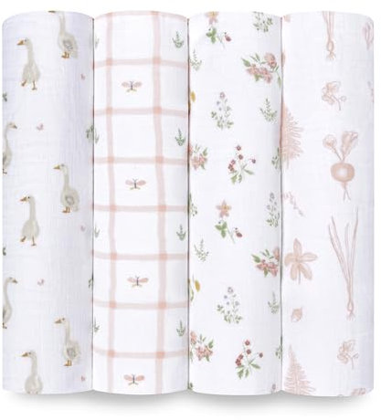 aden + anais Essentials Disney Baby Musselin-Wickeldecken, Wickeldecke für Neugeborene, 100% Baumwolle, 4 Stück, Landhaus-Blumenmuster