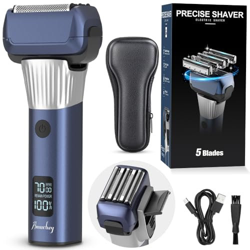 Amurhey Men's Electric Razor with 5 Pro Shaving Elements, Wet & Dry Shave, 100 Min Runtime, Pop-Up Trimmer, Blue, Rechargeable Lithium-Ion Battery