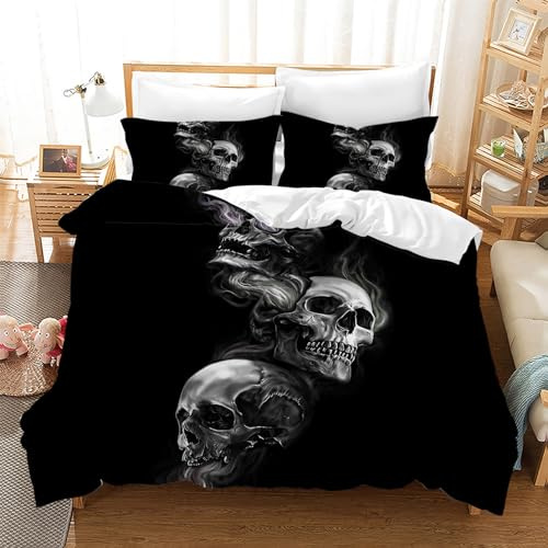 Leleyouzer Totenkopf Bettwäsche Set Für Teenager Erwachsene,3D Schädel Muster Bettbezug,Mikrofaser Gothic-Bettwäsche mit Reißverschluss und 2 Kissenbezug 50 x 75cm (Totenköpfe 1, 220×240 cm)