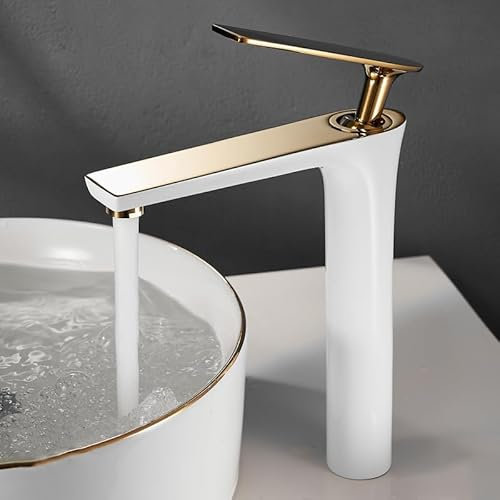 ZYCDP Robinet Mitigeur lavabo Salle de Bain Mitigeur Lavabo Blanc et Or Robinet de Salle de Bain Monocommande Mitigeur Lavabo Chaud Et Froid, Haut