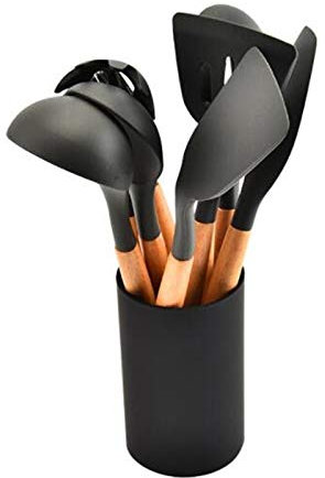 SkVLf Juego de utensilios de cocina de silicona antiadherente con mango de madera en negro - Kit completo de herramientas de cocina con caja de almacenamiento (Estilo 2)
