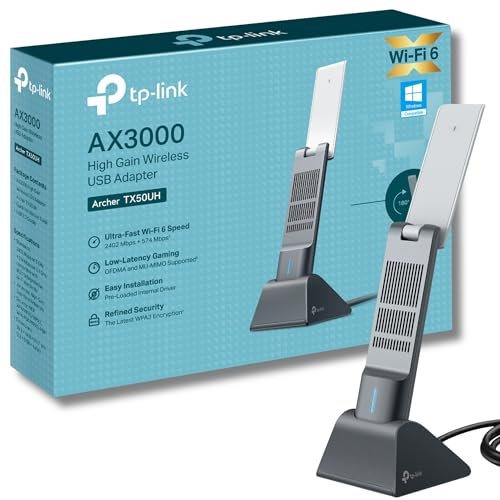 TP-Link Archer TX50UH AX3000Mbps WiFi 6 High Gain Wireless USB 3.0 Adapter, Dual-Band WiFi Dongle, Auto Driver, MU-MIMO, Low-Latency, 1.2m Cable, Supports Windows 10/11, Highly Secure WPA3, Easy Setup