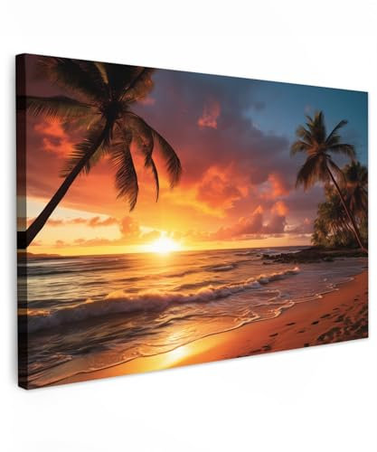 MuchoWow© Wandbilder 90x60 cm Schlafzimmer Home Deko Wohnung Bild Wohnzimmer Fotoleinwand Wand Bilder Leinwand Wall Decor Sonnenuntergang - Palmen - Strand - Meer