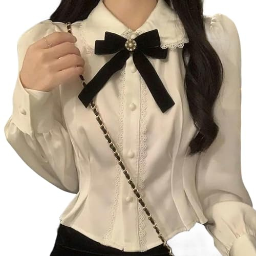 Juketron Chemises Blanches en Dentelle pour Femmes, Chemisiers Lolita, Tuniques Douces, Peter Pan, col Court, Manches Longues, Hauts Preppy coréen