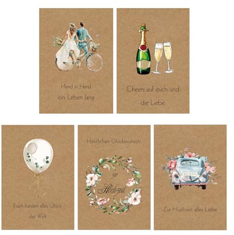 Hochzeitskarten Set (6 Stück) - Glückwunschkarten zur Hochzeit - Premium Klappkarten inklusive Briefumschlag aus Kraftpapier - zur Hochzeit alles Liebe