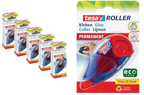 tesa Roller Kleben Permanent ecoLogo Einwegroller im 5er Pack & Roller Kleben Permanent ecoLogo