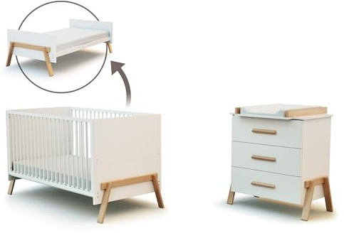 AT4 - Evolutionäres Babyzimmer Duo 3 Holzschubladen CANAILLE 70 x 140 cm | Inklusive 3-Schubladen-Wickelkommode mit herausnehmbarer Wickelfläche