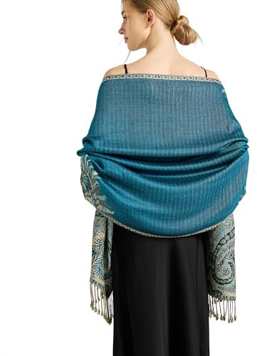 vimate Teal Pashmina Paisley Schals-Damen Winter große warme Rave Pashmina Schals und Wraps für Abendkleider mit Fransen(DE-Style 2-Teal)