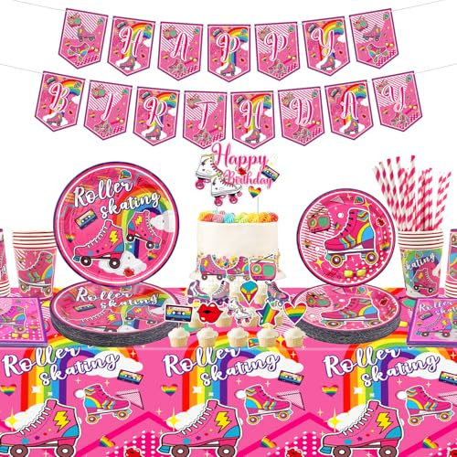 Roller Skating Geburtstag Party Dekoration, Roller Skate Party Zubehör, Teller Cups Servietten Tischdecke Happy Birthday Banner Kuchen Toppers für Kinder Mädchen, serviert 20