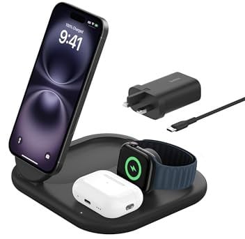 Belkin BoostCharge 3-in-1 Magnetic Foldable MagSafe Charger with Qi2 15W - Compatible Fast Charge for iPhone 16, 15, 14, Apple Watch, AirPods with Non-Slip Base, PSU Included - Black