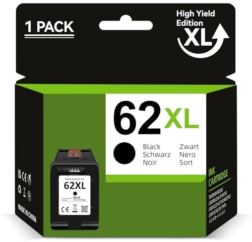 62XL Schwarz kompatibel für HP 62 Druckerpatronen, 62 XL Schwarz für HP Envy 5540 Druckerpatronen 7640 5544 5545 5548 5640 5646, für HP OfficeJet 5742 5740 5744 200 250 258 Drucker (1er-Pack)
