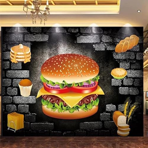 Benutzerdefinierte Wandtapete 3D Dreidimensionale Backstein Hamburger Bäckerei Fast-Food-Restaurant Hintergrund Wanddekoration Tapete,200cmX140cm
