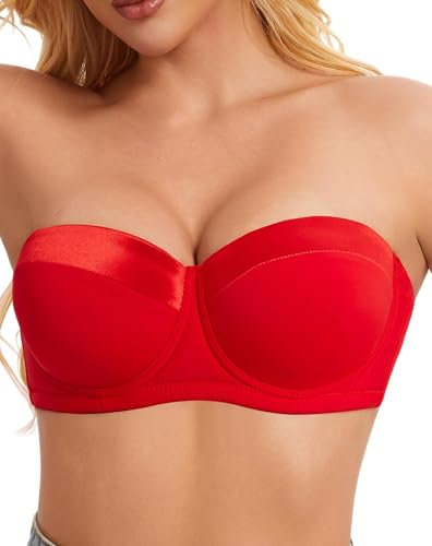 Women's Push up Strapless Bra with Clear Straps for Big Bust, Never Move During Party Band Size(34-48) Cup B/C/D/DD/DDD/G, Red (No Clear Straps), 34DD