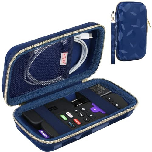 BOVKE Hard Case for Roku Voice Remote Controller, Roku Streaming Stick+'4K, Roku Remote Case for Roku TV Steaming Stick 3820R/ 3821R/3941R, Extra Mesh Pocket for Adapters, Cables, Blue Cube