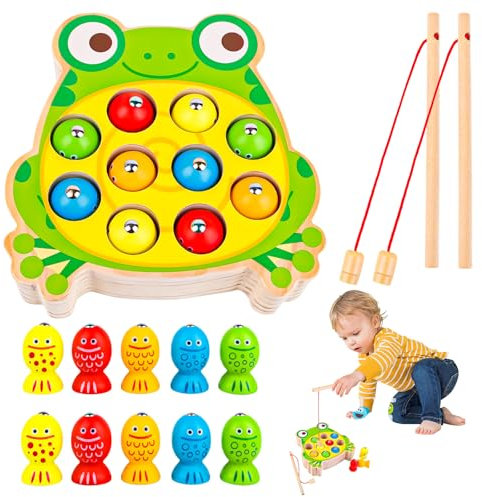TNOMSNO Montessori Spielzeug, Montessori Holzspielzeug, Spielzeug ab 2 Jahre Kinderspielzeug 2 in 1 Holz Magnetspiel, Holz Angelspiel für Kinder, Angelspiel Magnetspielzeug Kinderspielzeug 2 Jahre