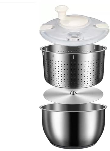 Bolvina 6L Salatschleuder Edelstahl Große Gemüsescheibe mit PP-Deckel für Obstwäscher Nudeln & Pommes Frites Spinner Salattrockner