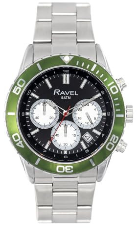 Ravel Plus - Silberfarbene Herren-Chronographen-Sportuhr (42 mm) mit Unidirektionaler Drehbarer Lünette - 50m Wasserdicht - Japanischer Analogquarz - RP.CHR.009MB - Edelstahl/Grüne Lünette