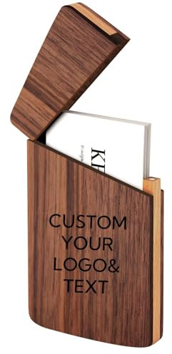 hadefa Scatola porta biglietti da visita intagliata in legno di noce, scatola portatile personalizzata per biglietti da visita con testo/logo, regalo aziendale multiuso