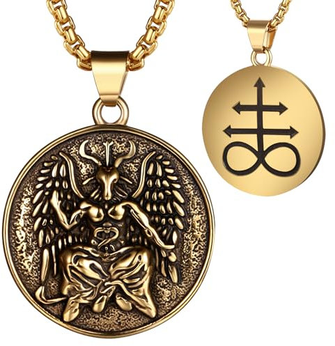 JewelryWe Satanische Ziege Halskette Herren: Gold Edelstahl Baphomet Satan Ziege Engelsflügel Leviathan Kreuz Runde Medaille Anhänger Kette Gothic Luzifer Kirche Amulett Schmuck