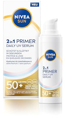 NIVEA SUN UV Primer Daily UV Siero UV SPF50+ (30ml), crema solare senza frangrance con alto fattore di protezione solare, ideale come base per il trucco, formula idratante con ialurone, senza gesso