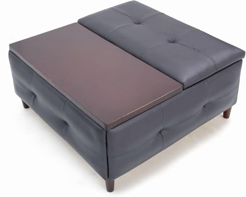 Panana Large Square Storage Ottoman with Lift Top Tufted Upholstered Ottoman Coffee Table, Oversized Ottomans with Storage Toy Box for Living Room 85 X 85 X 41CM (Black faux leather With wood)