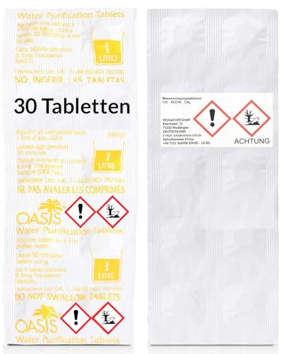 Wicked Chili Travel Wasseraufbereitung Trinkwasser (30 Tabletten je 1 Liter) Wasserentkeimung & Trinkwasseraufbereitung - für Wandern & Campen, Notfallrucksack Reiseapotheke, Notfall Ausrüstung