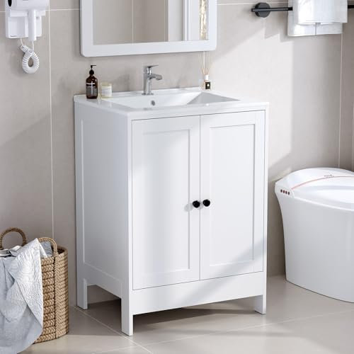 Bonnlo Bathroom Sink Cabinet, Vanity Unites with Basin, Free Standing Wooden Sink Storage Cupboard Space Saving Organiser with White Vessel Sink, 64cm x 47cm x 85cm, White
