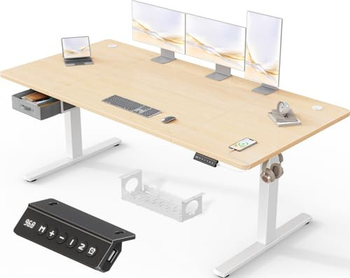Devoko Höhenverstellbarer Schreibtisch Elektrischer, 180x80cm, Schreibtisch mit Schubladen, USB-A Ladeanschluss, Computertisch mit Kabel Management Tray, Standing Desk mit 3 Memory Funktion Beige
