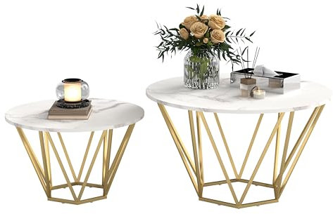 Ginhow Runder Couchtisch 2er Set – Couchtisch Marmor in Imitat-Optik | Wohnzimmertisch Weiß mit Goldenen Beinen – Einfache Montage & Stabile Coffee Table