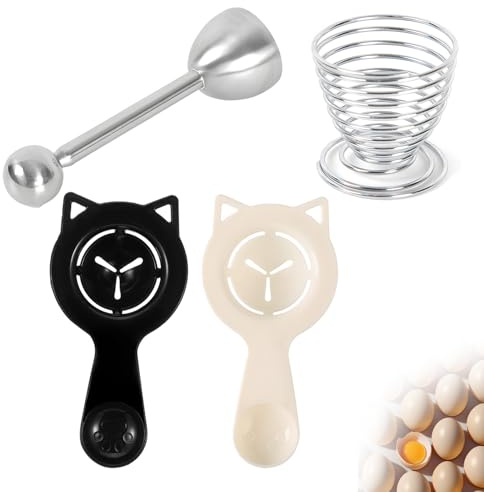Eieröffner Set, 2 Stück Eigelbtrenner, Ein Edelstahl Eierköpfer und Ein Eiertablett, Einfach zu Verwenden und Leicht Aufzubewahren, für das Heimbacken in der Küche (Silber + Schwarz + Cremeweiß)