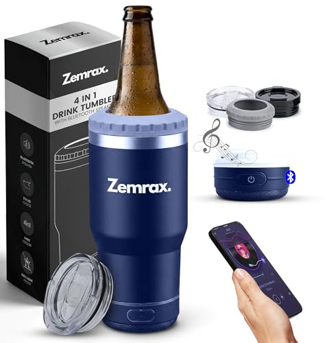Bluetooth Speaker Can Cooler – 4-in-1 Insulated Beer & Bottle Cooler + 14oz Tumbler | Fits Slim & Standard Cans | Stainless Steel Vacuum Insulated Drink Holder | Unique Gifts for Men