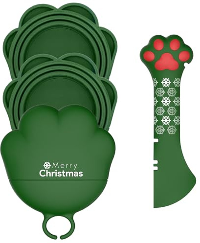DORUI Weihnachts-Haustier-Set – 3 Deckel für Katzenfutter und 1 BPA-freier Öffner, niedliche Pfotenform, Dosenabdeckungen und Öffner, Spatel, Löffel für Nassfutter, Silikonlöffel und Abdeckungen für