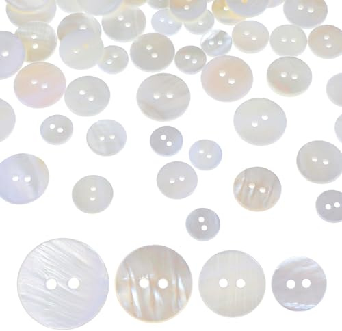 Nogeqi 60 stycken Naturliga Pärlmuttknappar, Vita 12,5 mm/15 mm/18 mm/20 mm Glansande Knappar, Platta Pärlknappar, Knappar för Stickjacka Kläder Hantverk Kjoler