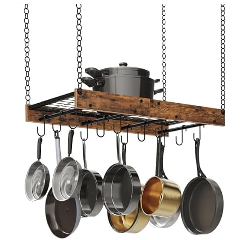 Space-Saving Pot Hanger for Kitchen, Ceiling Pan Hanging Rack with 16 Detachable S Hooks, Sturdy Metal Frame, Industrial Style, Rustic Brown and Black