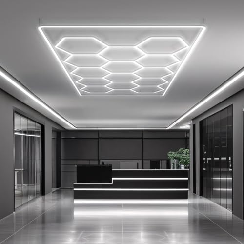 LongLife LED Hexagonleuchte | 14-teiliges Set mit Rahmen 4845 x 2435 mm | 654 W, 76061 lm, 6500 K | Modulares Stecksystem für Garagenbeleuchtung, Hallenbeleuchtung und Studios