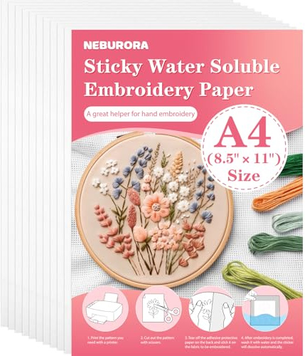 NEBURORA Bedruckbarer wasserlöslicher Stabilisator für Stickereien, 10 Stück, 20,8 x 29 cm, klebriges Stickpapier, abwaschbar, Stickerei, auflösbare Rückseite für Hand- oder Maschinennähzubehör