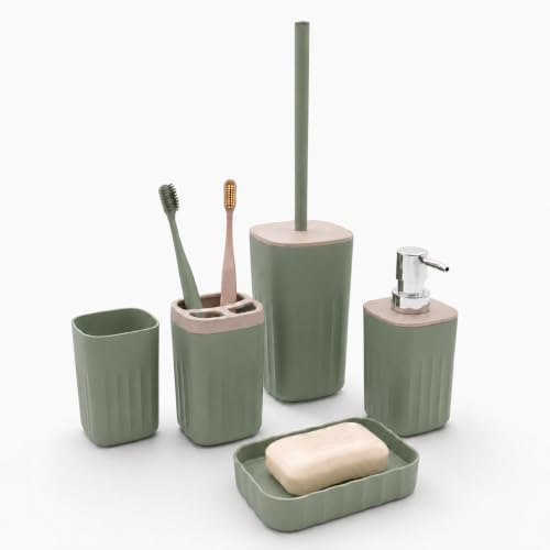 GEEZY 5 Piece Sage Green Bathroom Accessories Set - Soap Dispenser, Toothbrush Holder, Dish, Cup & Toilet Brush - Modern Vanity Essentials Kit for Sink Decor