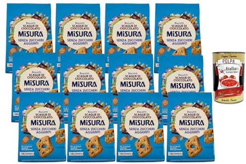 Italian Gourmet - Dolcesenza, Kekse mit Schokostückchen – 12 x 290 g, ohne Zuckerzusatz, knusprige Frühstückskekse aus Weizen, ideal zu Kaffee & Tee, Großpackung Vorrat + Italian Gourmet Polpa