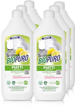BIOPURO Detersivo Piatti, Concentrato, Naturale, Ecologico, 100 Lavaggi, Con Flacone in Bio Plastica da canna da zucchero (6, 500ml)