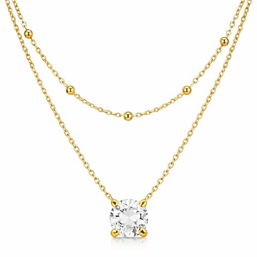 Zinello Design TILOVE Collar Cuarzo Natural Mujer – Doble Cadena Acero Inoxidable Chapado Oro 18K – Colgante 6mm Piedra Natural – Regalo Cumpleaños Mujer