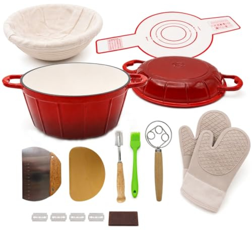 KinConnyen 5L Enameled Cast Iron Dutch Oven Sourdough Baking Kit | Food-grade enamel,Non-stick finish,Lid doubles as grill pan,Suitable for all hobs,Oven safe,Ideal for artisan bread baking