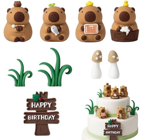 9Pcs Capybara Cake Topper, Capybara Cake Decorations for Birthday Parties, Mini Capybara Figures for Animal-Themed Desserts, Forest Scene Cake Accents,Reusable Decorative Set for Various Celebrations