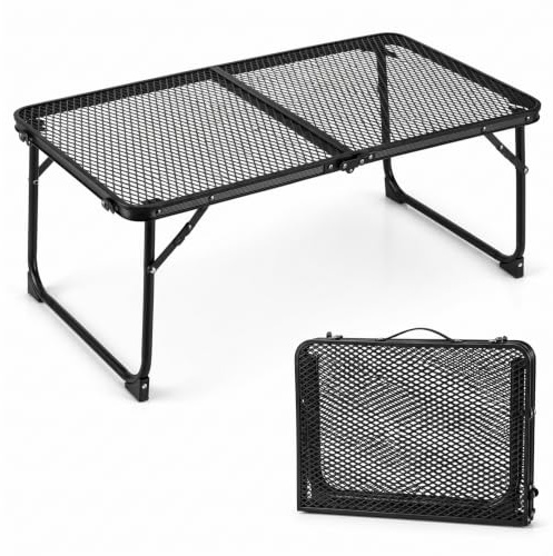 Folding Camping Table, Grill Small Table for Camping, Picnic, BBQ, 60x40cm | Black Portable Aluminum Picnic Table with Mesh Desktop, Lightweight for for Outdoor, Hiking, Fishing, Barbecue, Beach