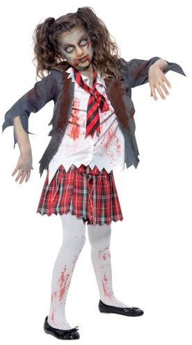 Halloween! Smiffys Zombiekostüm Schülerin, Grau, mit kariertem Rock, Jacke, Blusenteil und Krawatte